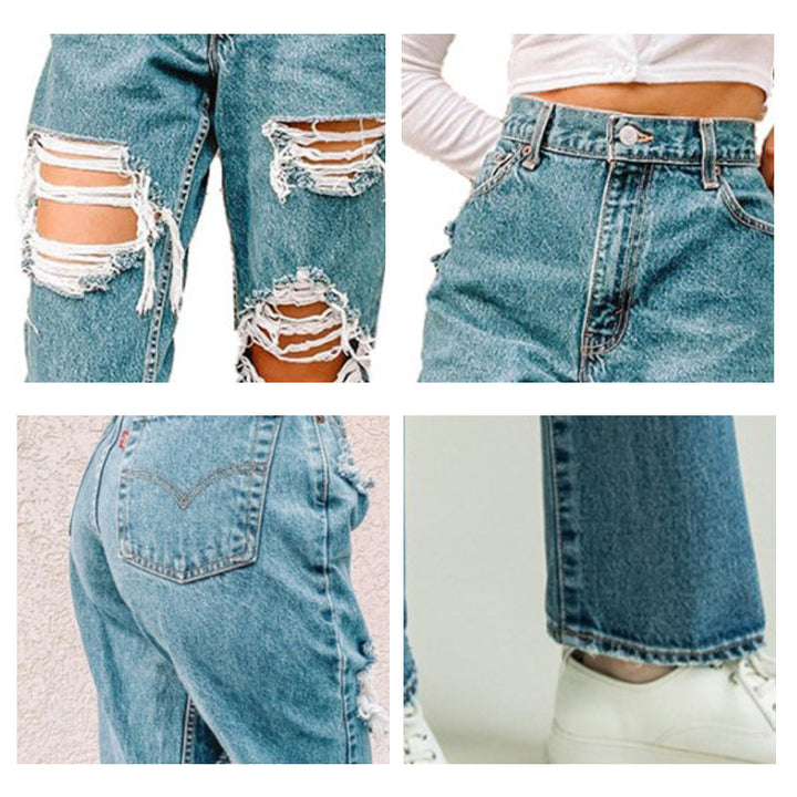 Dame Vintage Høj Talje Destroyed Jeans med frynset Detaljer Skovae