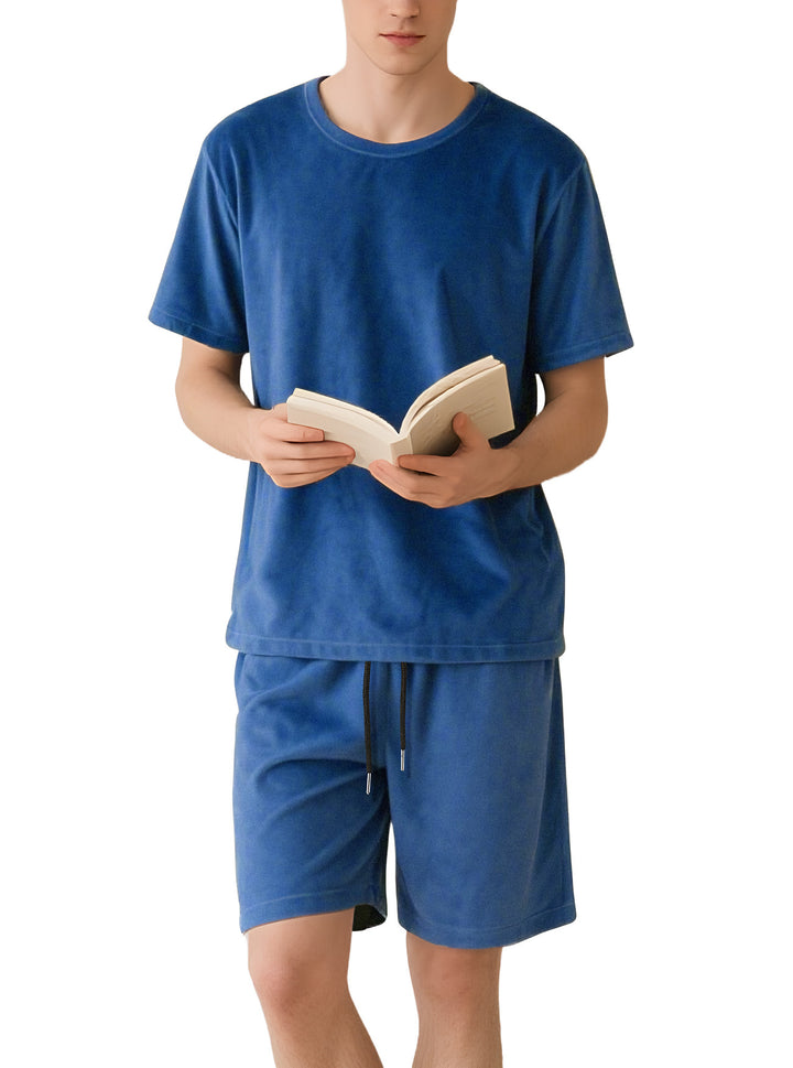 Herren nan Samtvelours Lounge-Sæt med Rundhals-Kortærmet T-shirt og Snorshorts Skovae