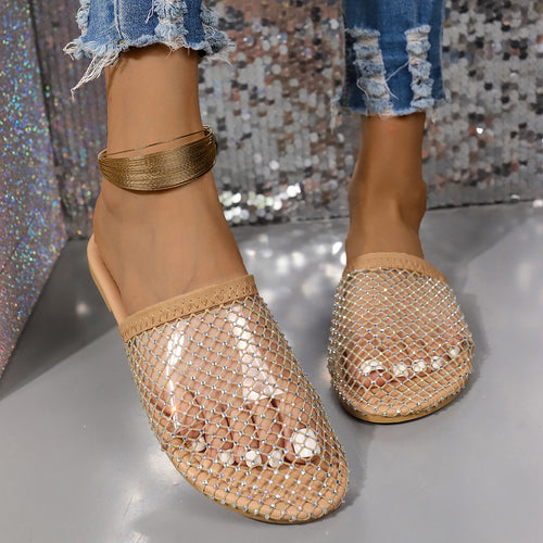 Dame Pantolette med glitrende strassapplikationer og elegant netdesign Stilla