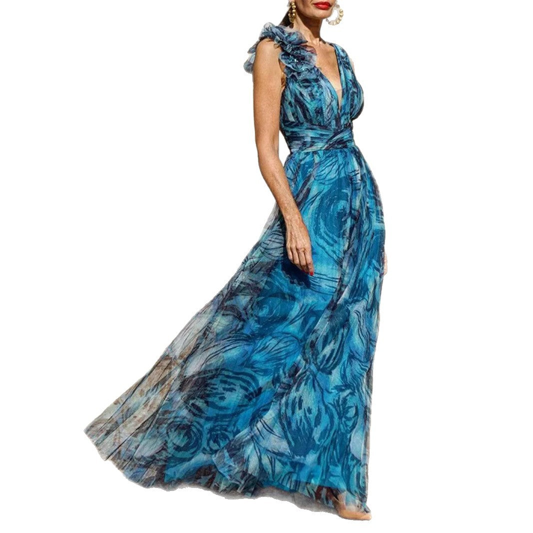Dame Elegant Maxi Kjole med Delikate Flæse Detaljer og Uigennemsigtig Chiffon Skovae