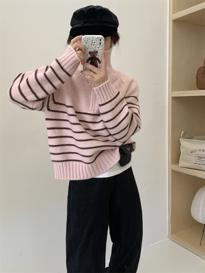Kvinders afslappet sweater med stribet design og halvlås Stilla