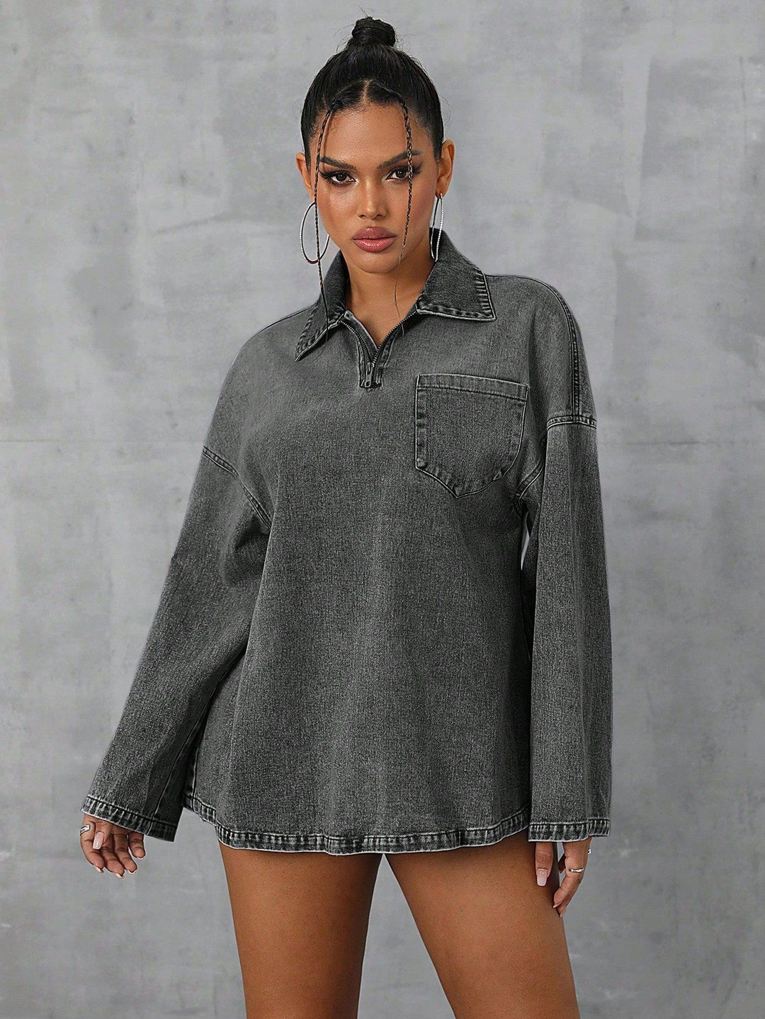 Kvinders oversized denim-bluse med praktisk lynlås og afslappet krave Stilla