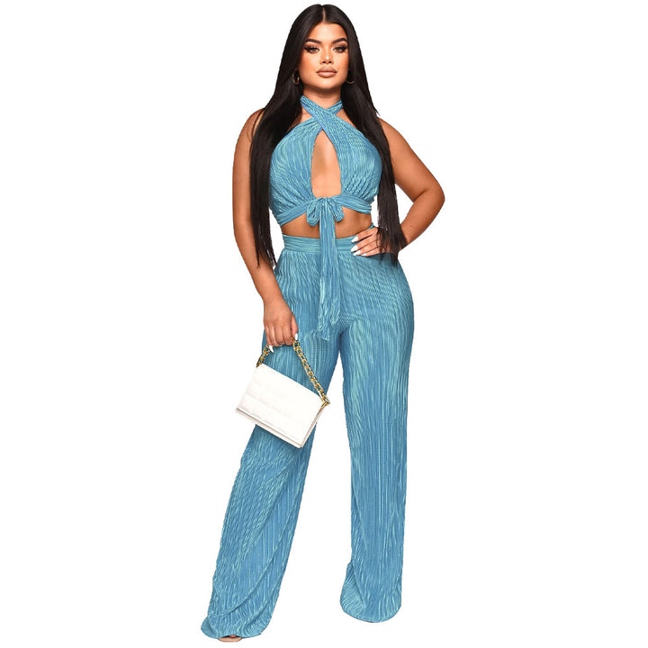Dame elegant sæt bestående af cropped top og bred bukser med dyb udskæring og taljering Stilla