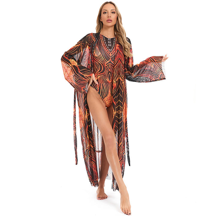 Dame elegant gennemsigtig strandkimono med blomsterdesign Skovae