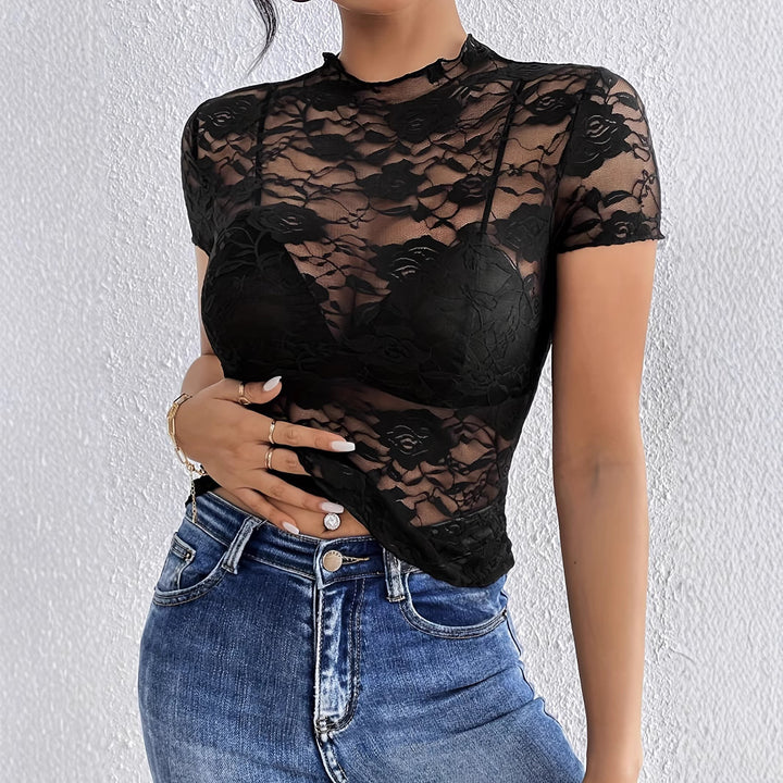 Dame nan kort spidsoberdel med floral ajour-spids, ståkrave og indsyet bustier Skovae