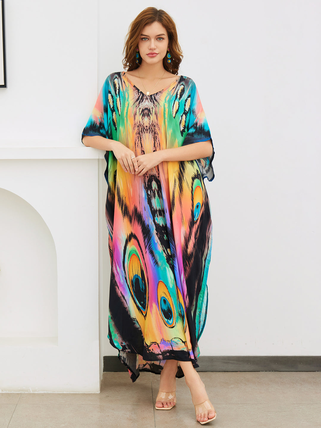 Dame Kaftan med kunstnerisk etno-mønster og elegant V-udskæring Stilla
