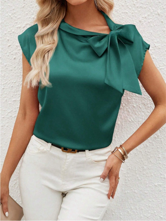 Dame Elegant Satinbluse med Sløjfedetalje Skovae
