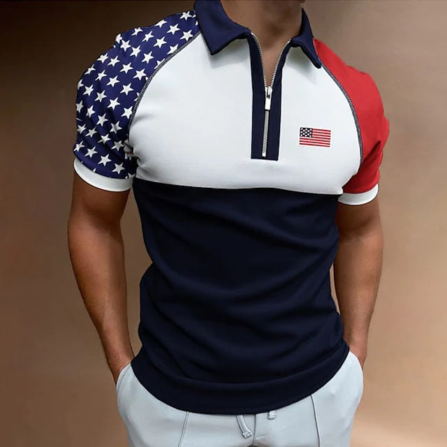 Herrer Zip-Up Performance Polo-Shirt med amerikansk flag-applikation Stilla
