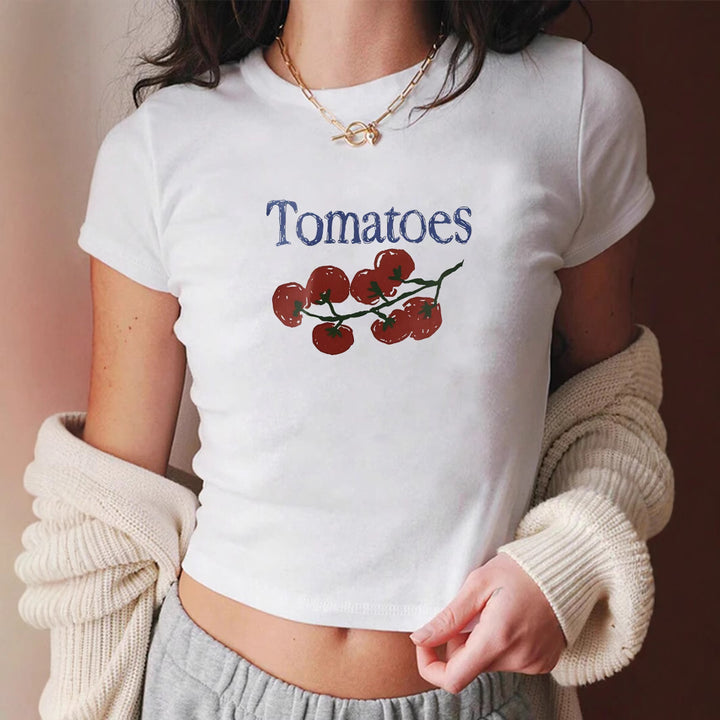 Dame Crop-T-Shirt med kreativt tomatmønster Skovae
