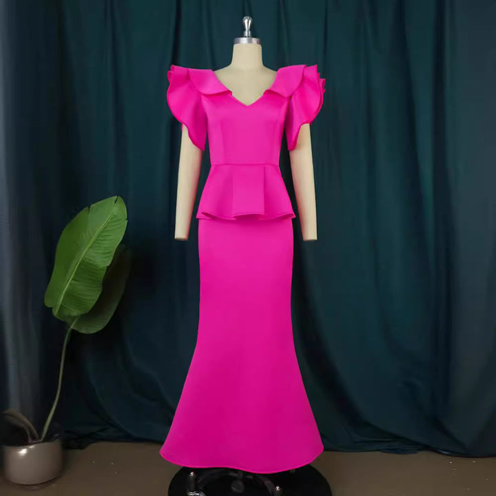 Dame elegant Peplum-aftenkjole med voluminøse ærmer Skovae