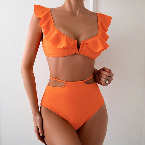Dame Bikini-sæt med elegante ruffle-detaljer og høj benudskæring Skovae