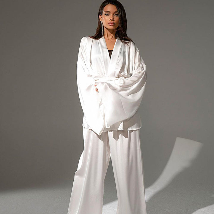 Dame satin kimono-style morgenkåbe og bukse sæt Stilla