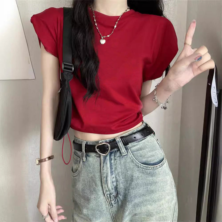 Kvindernes cropped T-shirt med justerbar snor og trendy pufærmer
