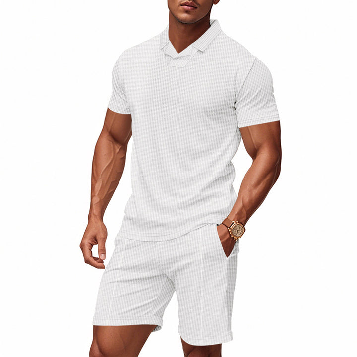 Herre nan afslappet vaffelstruktur fritids sæt med reverskrave kortærmet shirt og elastiske fritids shorts Skovae
