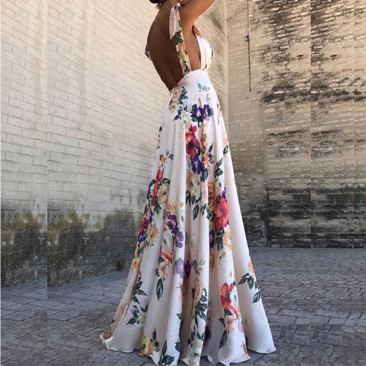 Kvinders elegante maxi kjole med blomstermotiv og sideslids