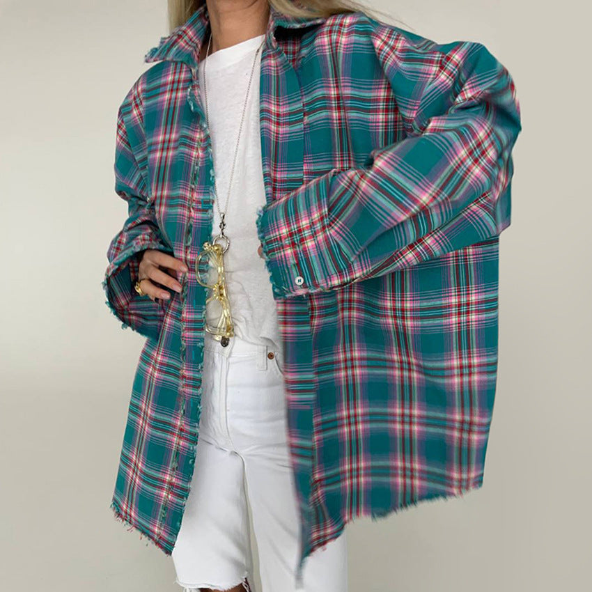 Dame Oversized Ternet Bluse med frynset Kant Stilla
