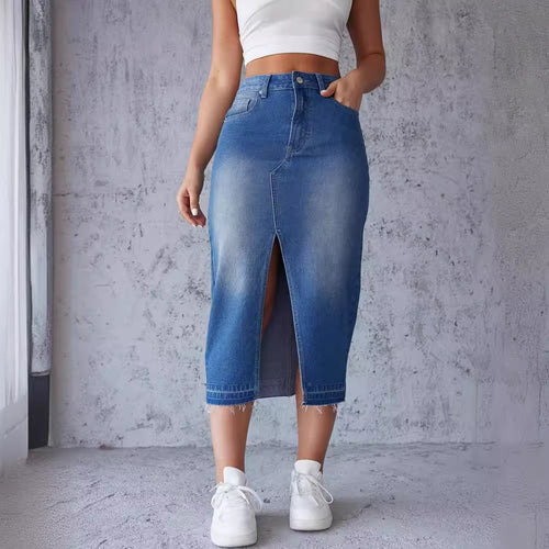 Dame denim midi nederdel med højt slids og tilpasset snit Skovae