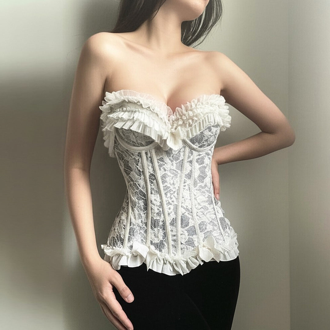 Dame spids-bustier med ruffles detaljer og sløjfer Skovae
