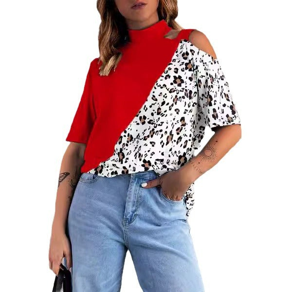 Dame modet T-shirt med trendudskæringer og leopardmønster Stilla