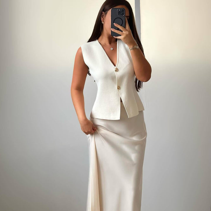 Dame Elegant Maxikjole-Sæt med ærmeløs Blazer Stilla