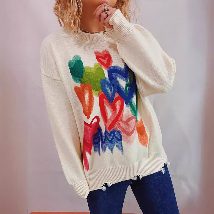 Kvinders cozy sweater med farverigt hjerte design Stilla