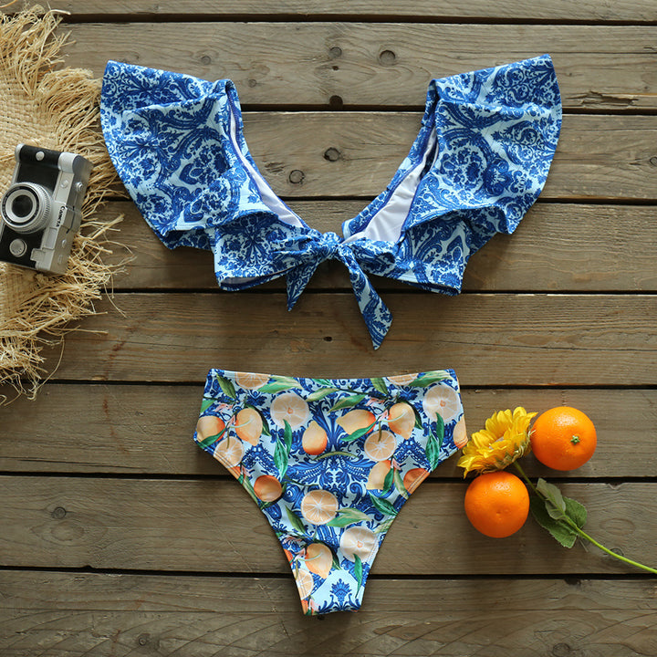 Dame Bikini-sæt med voluminøse rynkede ærmer og frugtagtig design Stilla