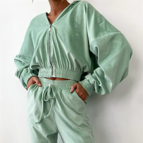 Kvindernes sporty velour sæt med modern lynlås og elastisk talje Skovae