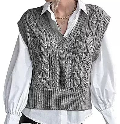 Dame strikpullover i vintage-look med V-udskæring og fletmønster Stilla