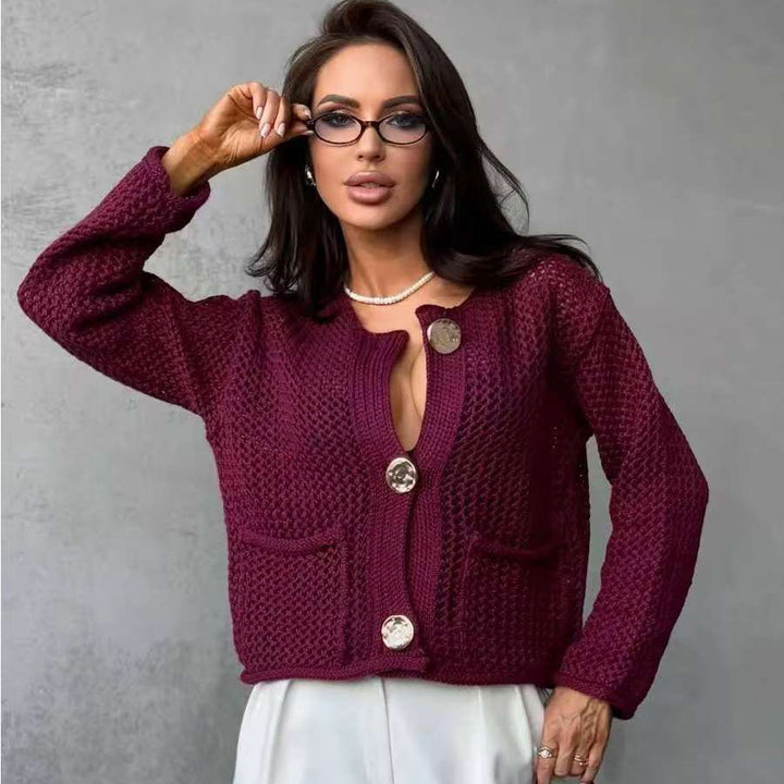 Dame mesh strik cardigan med praktiske lommer og dekorative knapper Stilla