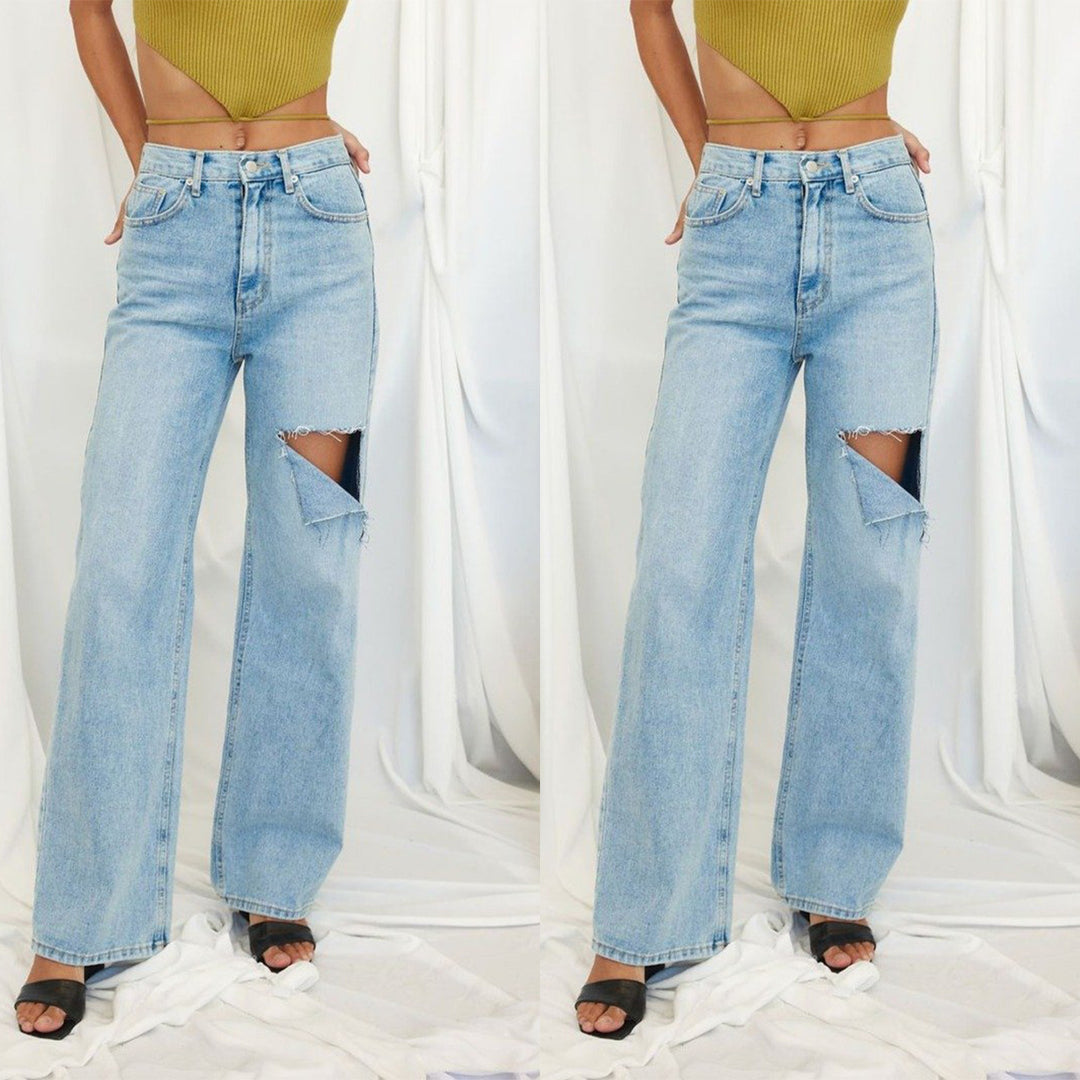 Dame Høj Talje Bred Ben Jeans med Ripped-detaljer Stilla