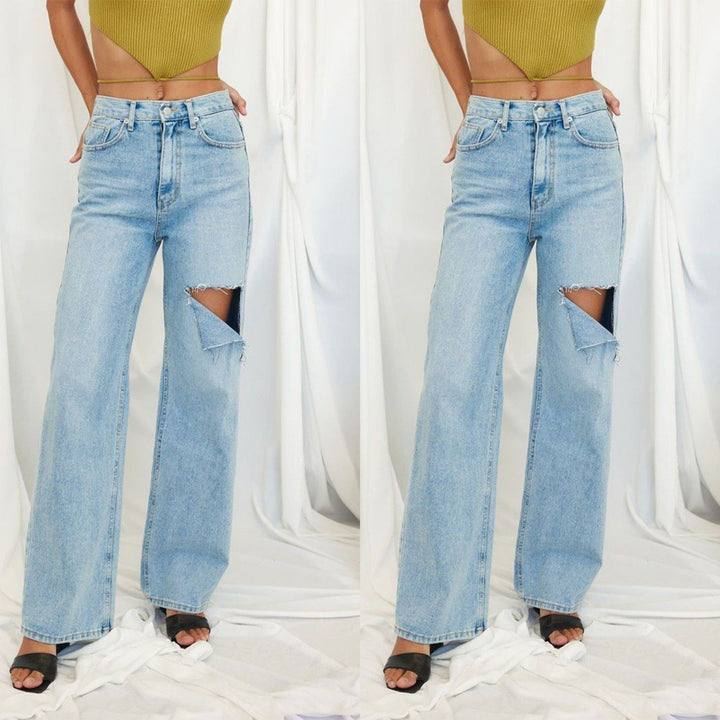 Dame Høj Talje Bred Ben Jeans med Ripped-detaljer Stilla