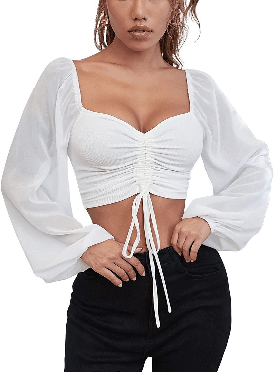 Dame Crop-Top med struktureret krop og elegante pufærmer Skovae
