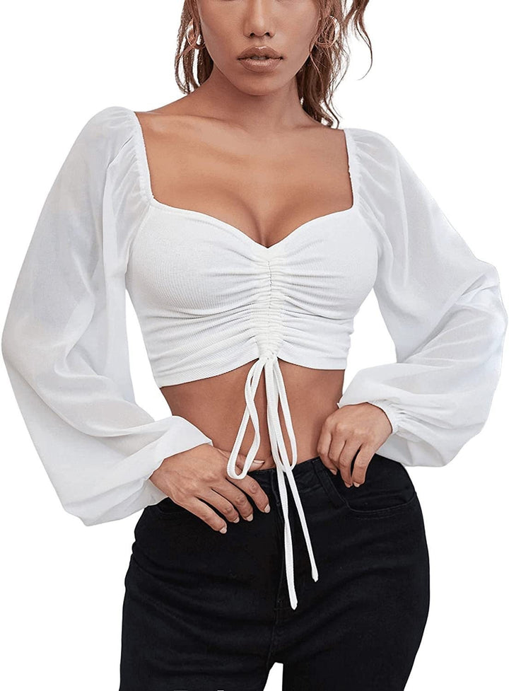 Dame Crop-Top med struktureret krop og elegante pufærmer Skovae