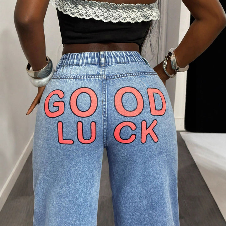 Kvinder Højtaljede Vidde-Ben Jeans med statement Print Stilla