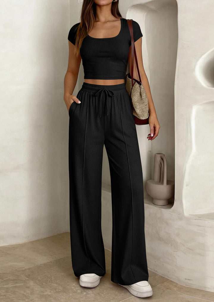 Dame afslappet cropped top og bredt bukse sæt Skovae