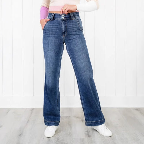 Dame Bredskårne jeans i vintagestil med høj talje og elegante syninger Stilla