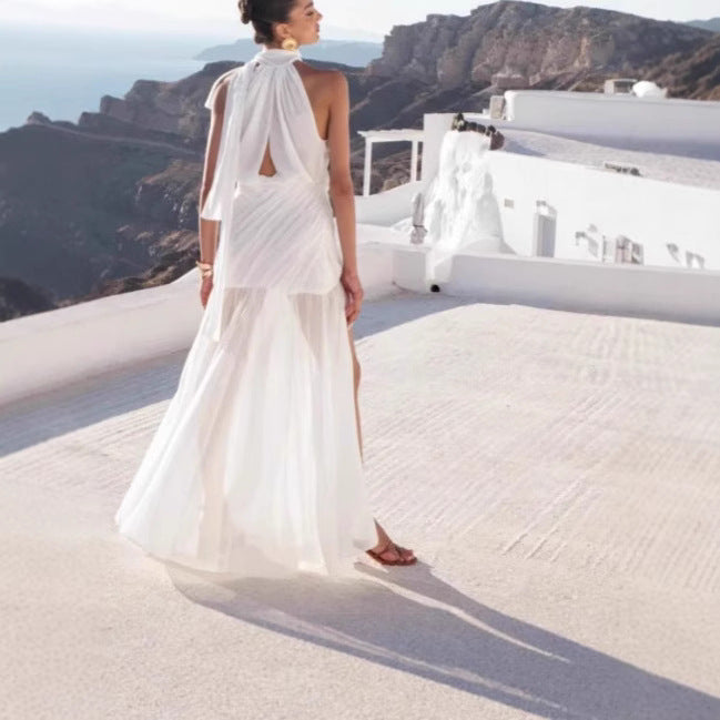 Femme Elegante Halterneck Flydende Maxikjole Stilla