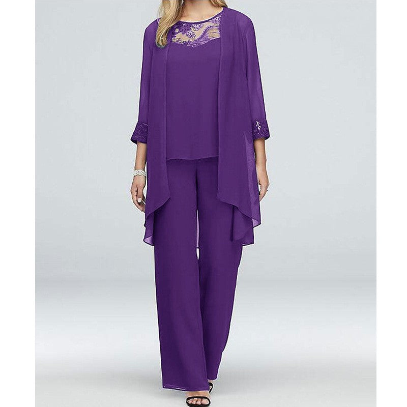 Dame nan flydende chiffon aftenensemble med spidsbesætning, kimono cardigan og bred palazzo bukser Skovae