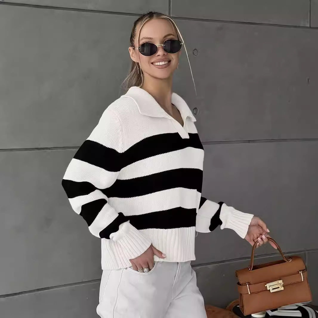 Kvinders sporty sweater med stribet mønster og krave Stilla