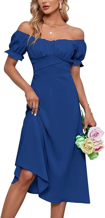 Dame off-shoulder midikjole med puffærmer og asymmetrisk kant Stilla
