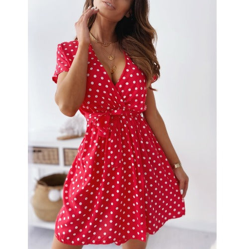 Dame Polka Dot A-linje Mini Kjole med Bindebælte Stilla