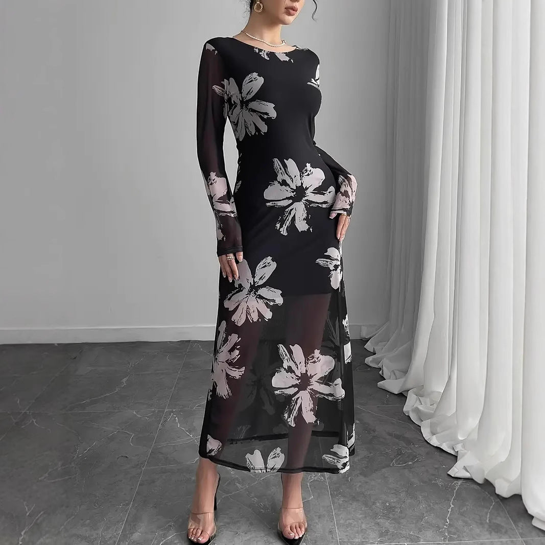 Dame maxikjole med transparent blomstermønster og lange ærmer Stilla