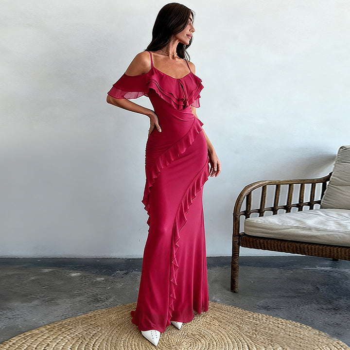 Kvinders elegante maxi kjole med asymmetrisk flæse design