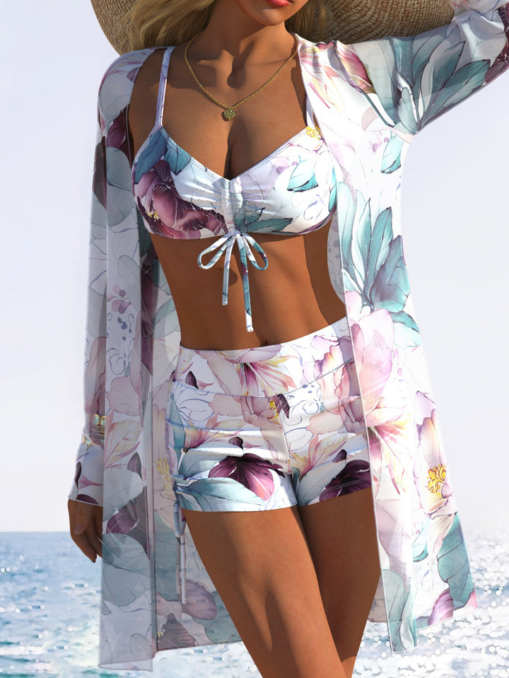 Dame Bikiniset med flower design og svingende kimono Skovae