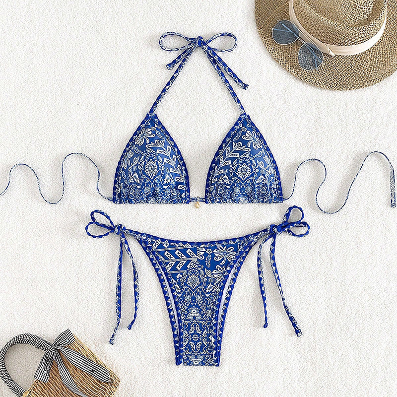 Dame triangel-bikini med legende mønster og elegante bindebånd Skovae