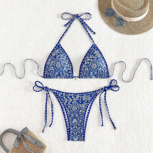 Dame triangel-bikini med legende mønster og elegante bindebånd Skovae