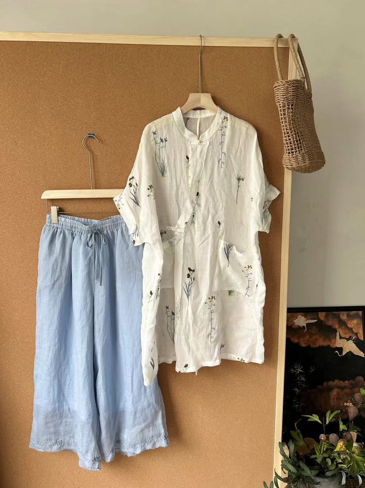 Femme Broderet Linned blouse og Løse Culottes Sæt Stilla