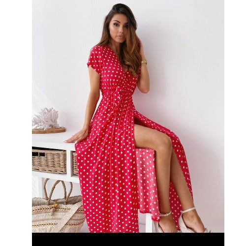 Dame Polka Dots Maxikjole med sideslids og bindebælte Stilla