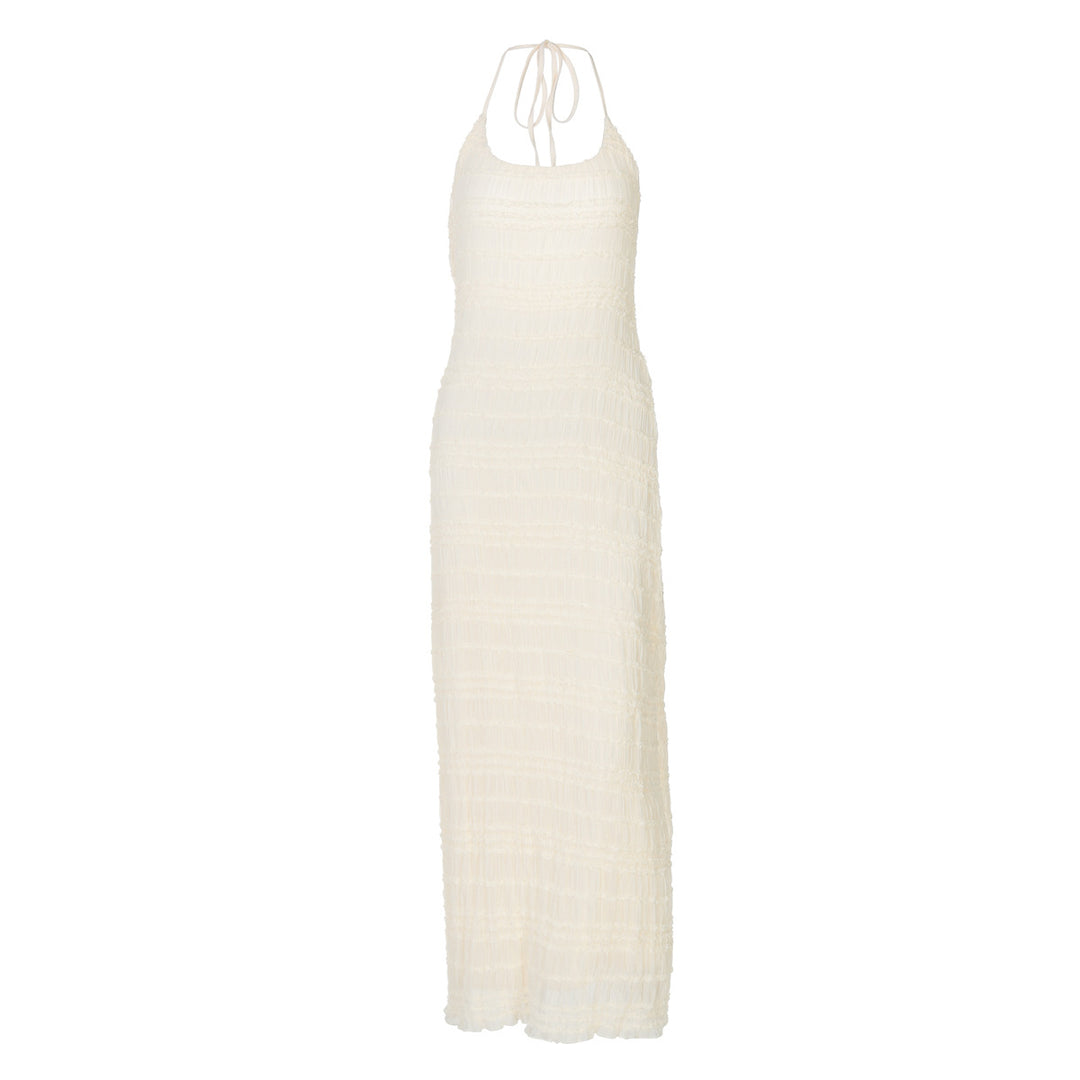 Dame Lange Strikkjole med neckholder design og elegant rynkeelement Stilla