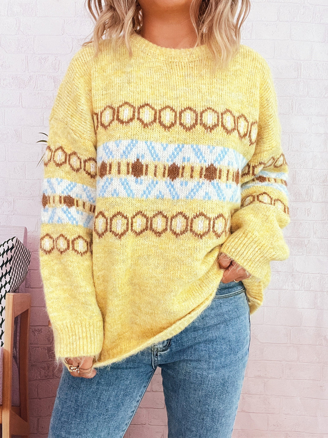Kvinders hyggelige strikket sweater med grafisk mønster Stilla